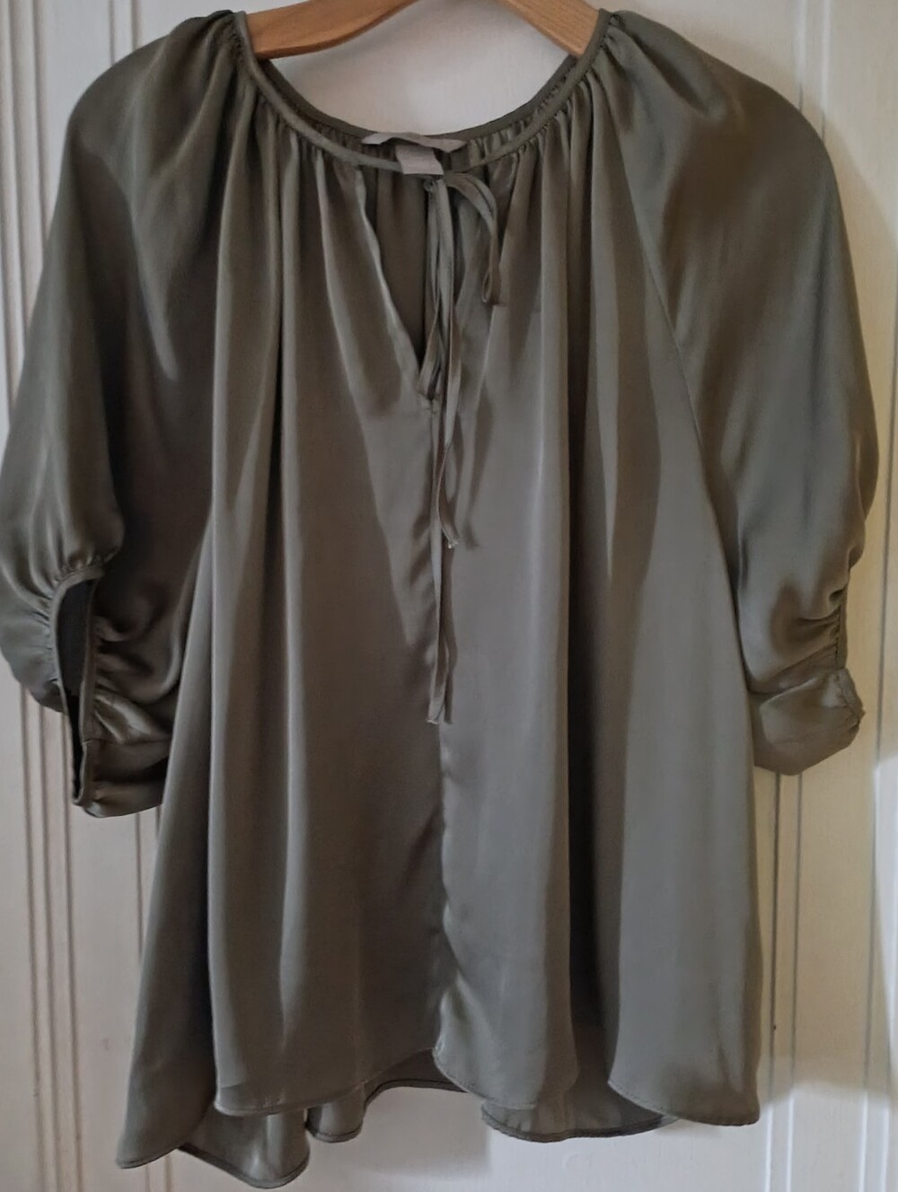 H&M Olive Satin Peasant Top with Tie Neck